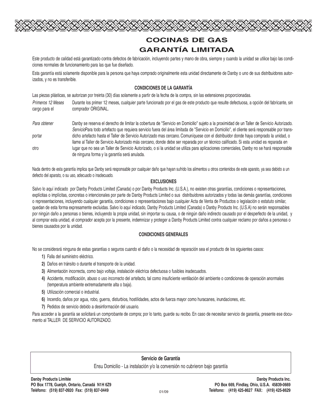 Danby DR2009WGLP installation instructions Cocinas DE GAS Garantía Limitada 