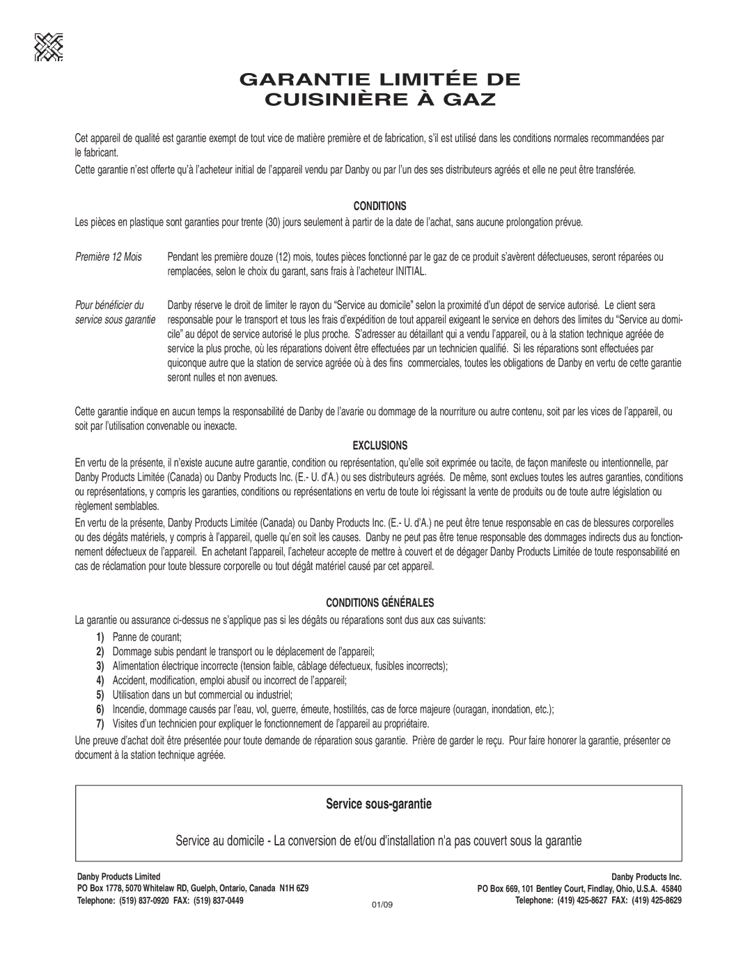 Danby DR2009WGLP installation instructions Garantie Limitée DE Cuisinière À GAZ 