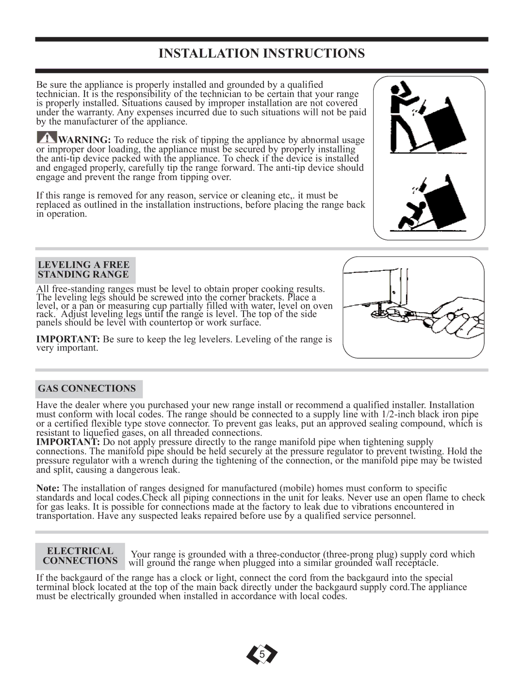 Danby DR2009WGLP Installation Instructions, Leveling a Free Standing Range, GAS Connections, Electrical 