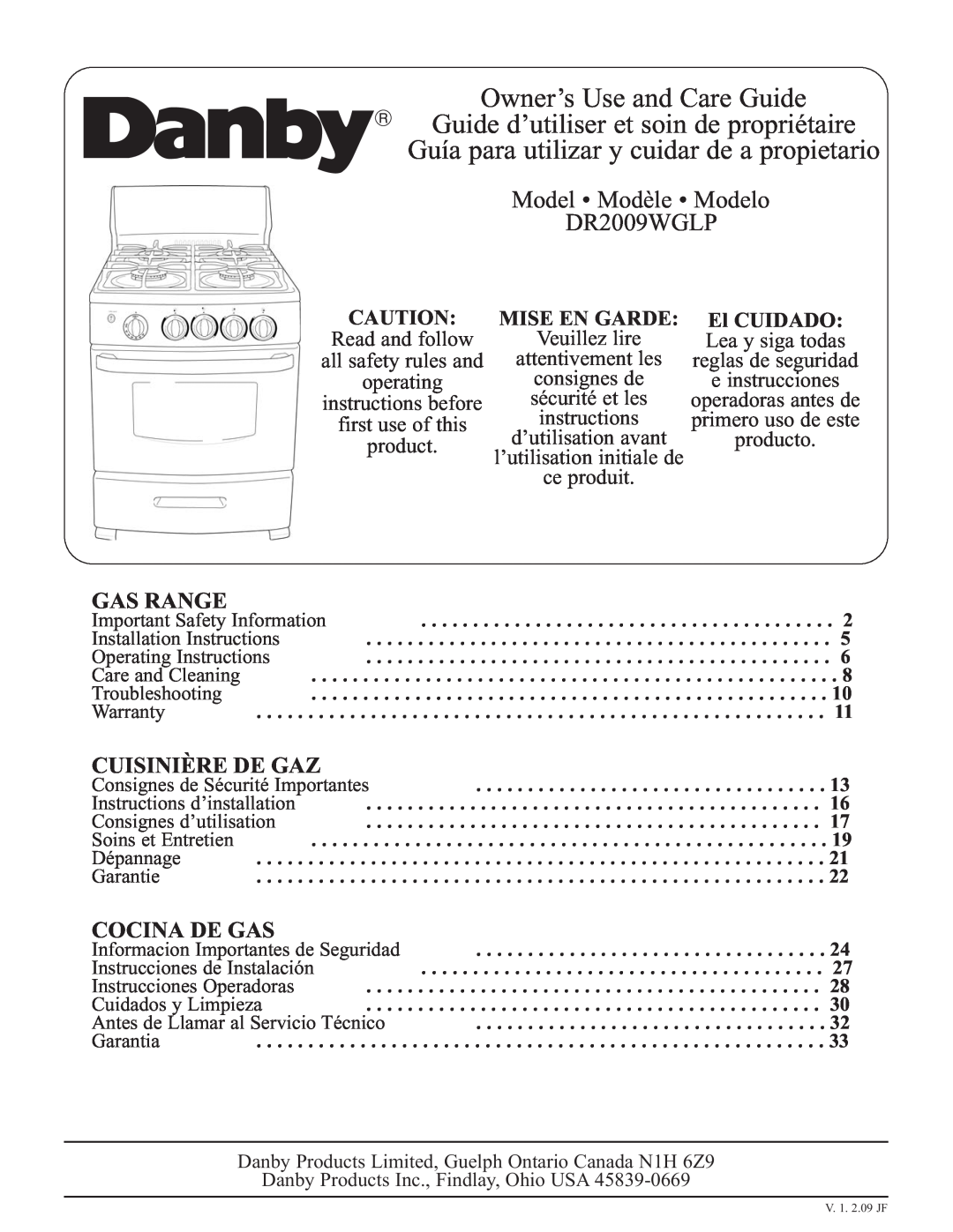 Danby DR2009WGLP installation instructions Gas Range, Cuisinière De Gaz, Cocina De Gas, Mise En Garde, El CUIDADO 