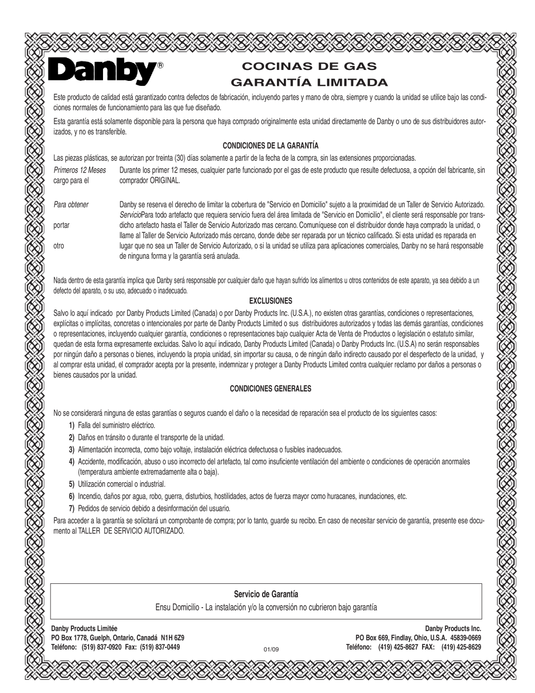 Danby DR2009WGLP Cocinas De Gas Garantía Limitada, Servicio de Garantía, Condiciones De La Garantía, Para obtener 