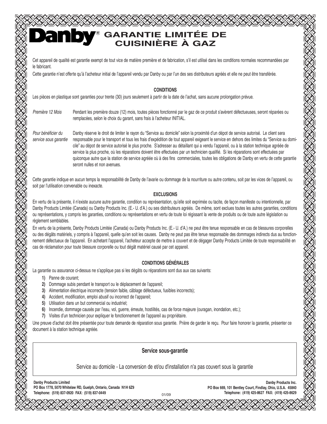 Danby DR2009WGLP Garantie Limitée De Cuisinière À Gaz, Service sous-garantie, Exclusions, Conditions Générales 