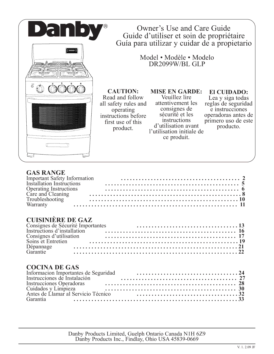 Danby DR2099WGLP, DR2099BLGLP installation instructions DR2099W/BL GLP 