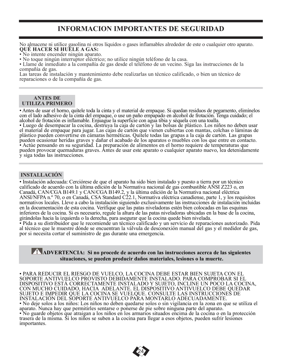 Danby DR2099BLGLP Informacion Importantes DE Seguridad, QUÉ Hacer SI Huele a GAS, Antes DE Utiliza Primero, Installación 