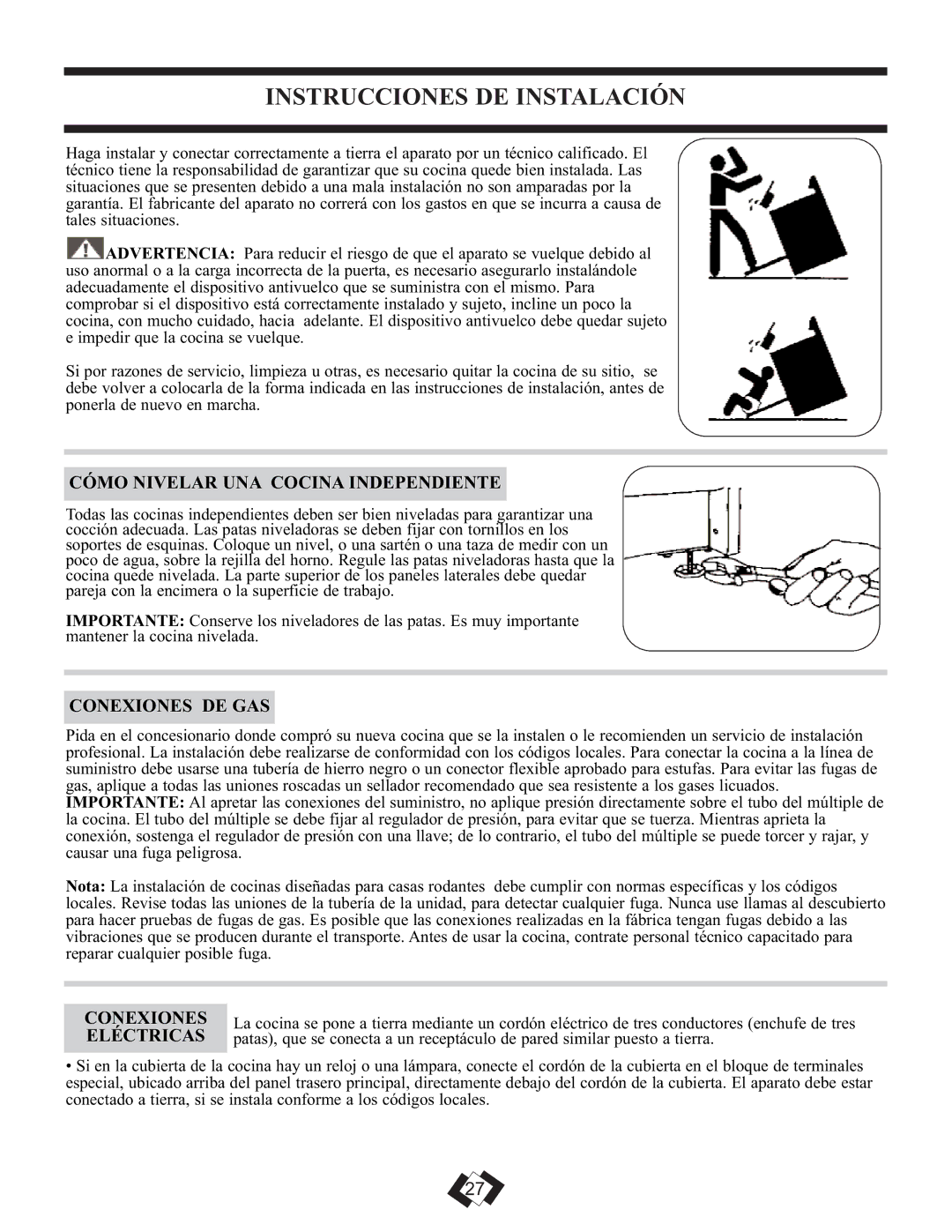 Danby DR2099WGLP Instrucciones DE Instalación, Cómo Nivelar UNA Cocina Independiente, Conexiones DE GAS, Eléctricas 