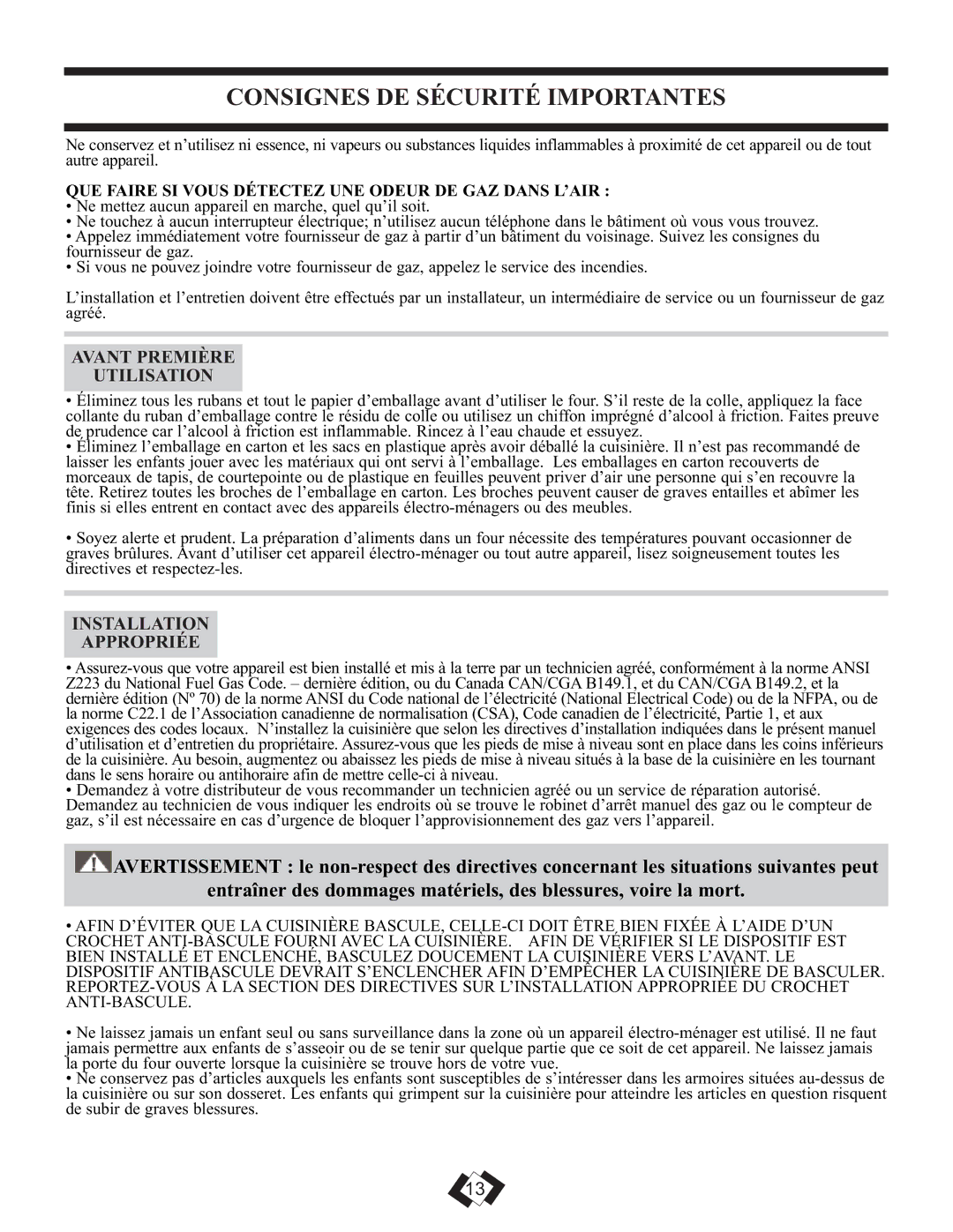 Danby DR2099WGLP, DR2099BLGLP Consignes DE Sécurité Importantes, Avant Première Utilisation, Installation Appropriée 