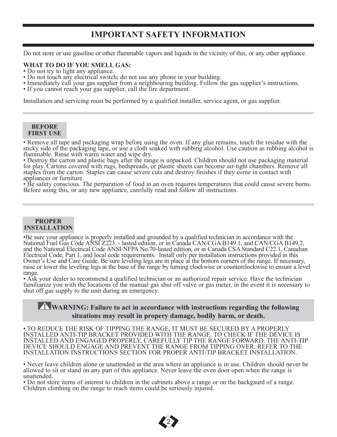 Danby DR2099WGLP Important Safety Information, What to do if YOU Smell GAS, Before First USE, Proper Installation 