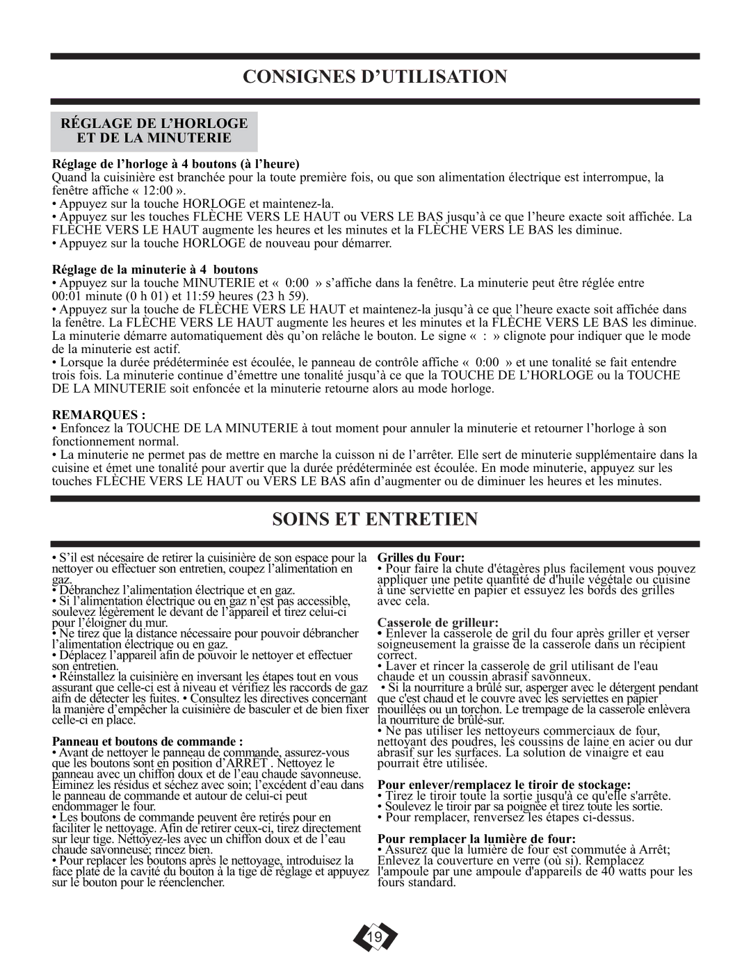 Danby DR2099WGLP, DR2099BLGLP installation instructions Soins ET Entretien, Réglage DE L’HORLOGE ET DE LA Minuterie 