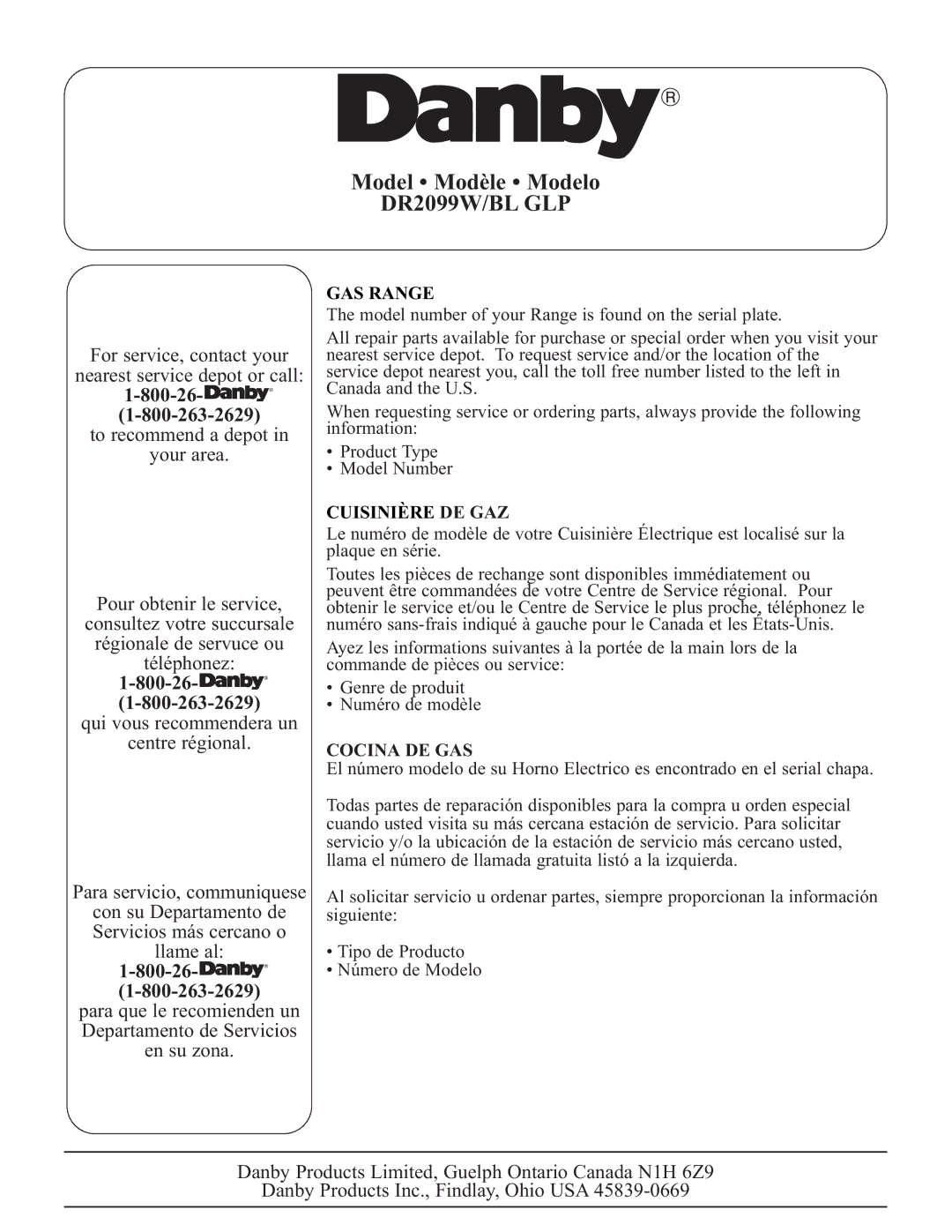 Danby DR2099WGLP, DR2099BLGLP installation instructions GAS Range, Cuisinière DE GAZ, Cocina DE GAS 