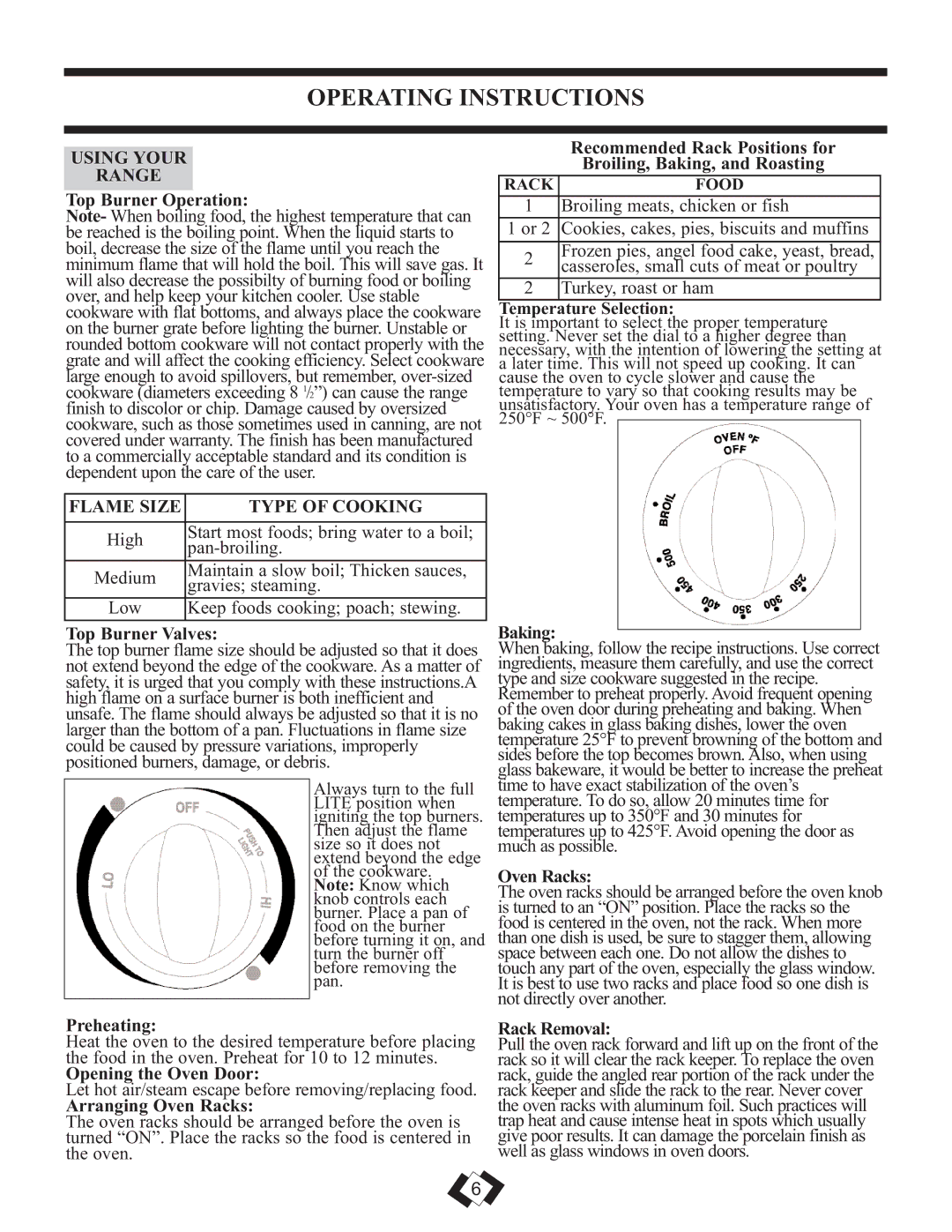 Danby DR2099WGLP, DR2099BLGLP installation instructions Operating Instructions, Using Your Range, Flame Size Type of Cooking 