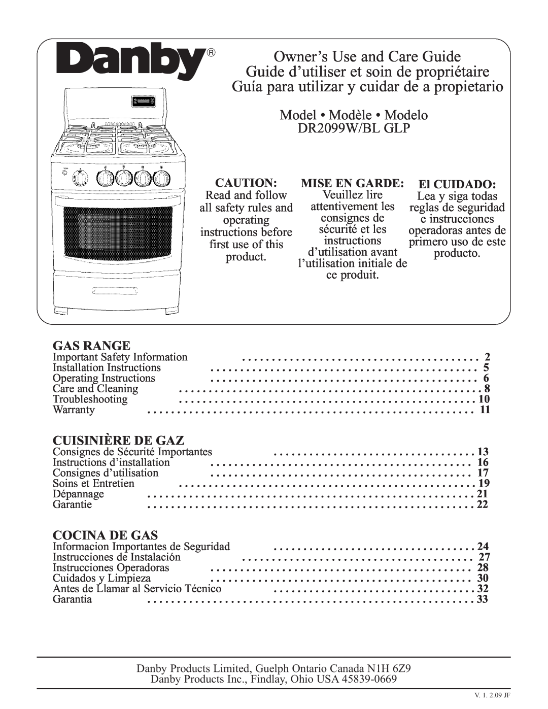 Danby DR2099WGLP installation instructions Gas Range, Cuisinière De Gaz, Cocina De Gas, Mise En Garde, El CUIDADO 