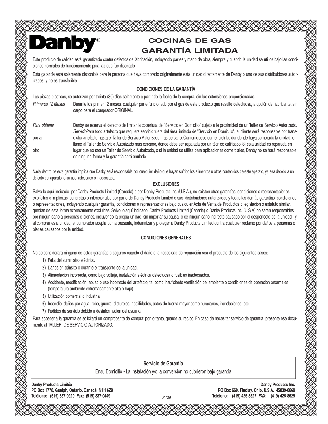 Danby DR2099WGLP Cocinas De Gas Garantía Limitada, Servicio de Garantía, Condiciones De La Garantía, Para obtener 