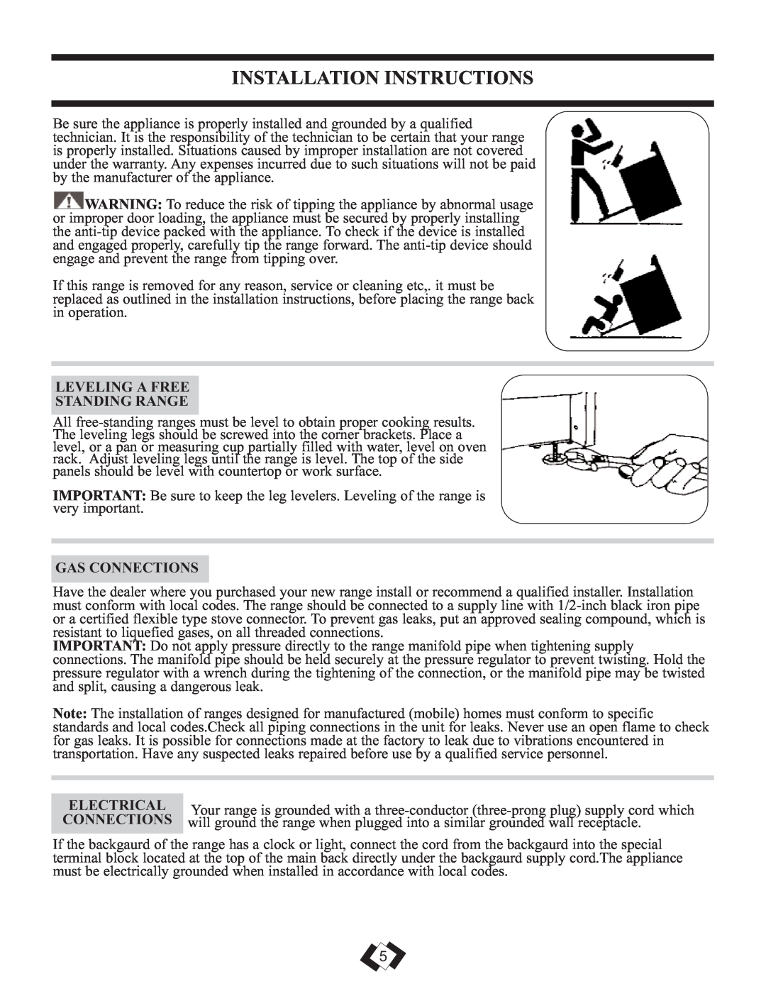 Danby DR2099BLGLP, DR2099WGLP Installation Instructions, Leveling A Free Standing Range, Gas Connections, Electrical 
