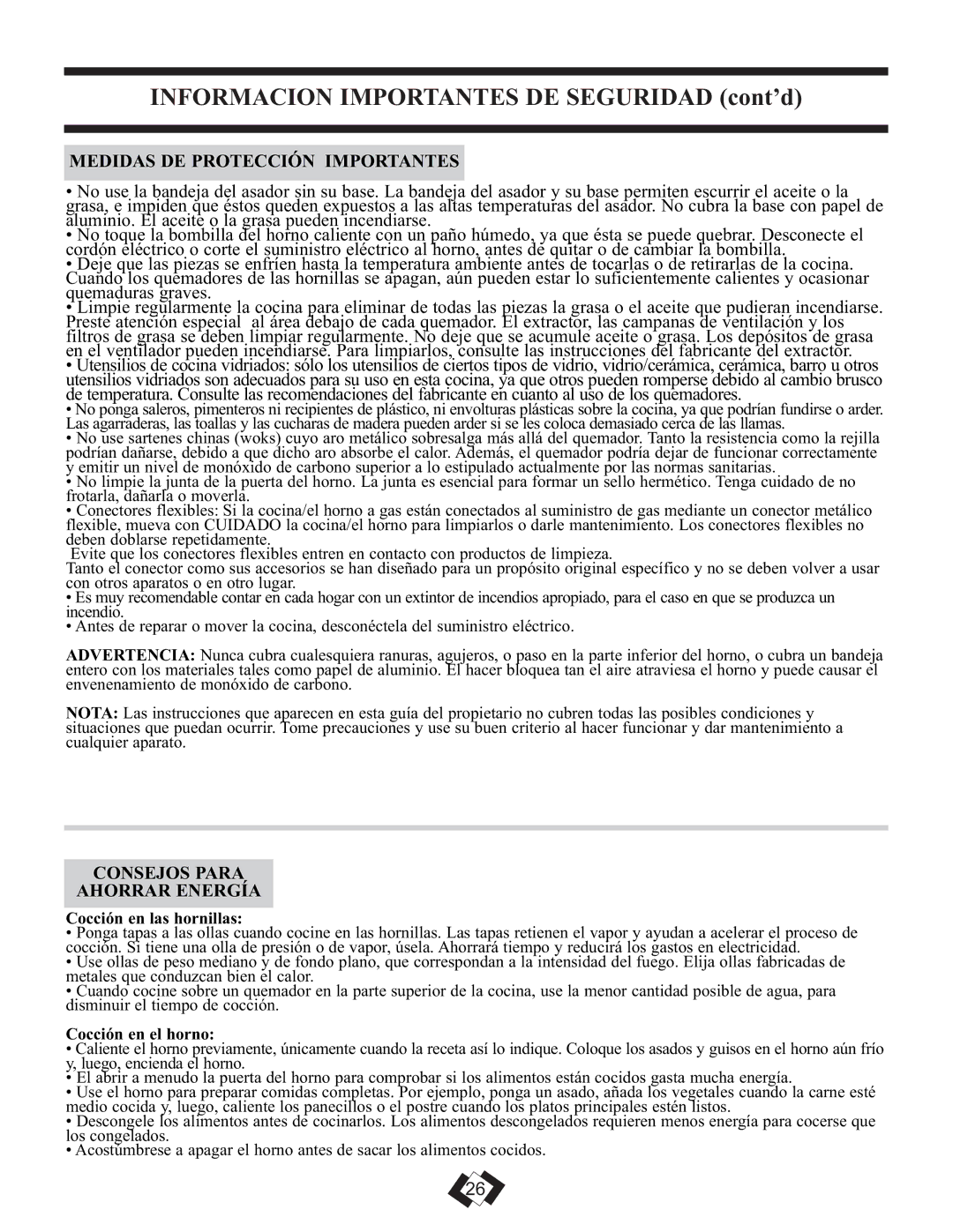 Danby DR299BLSGLP installation instructions Consejos Para Ahorrar Energía, Cocción en las hornillas, Cocción en el horno 