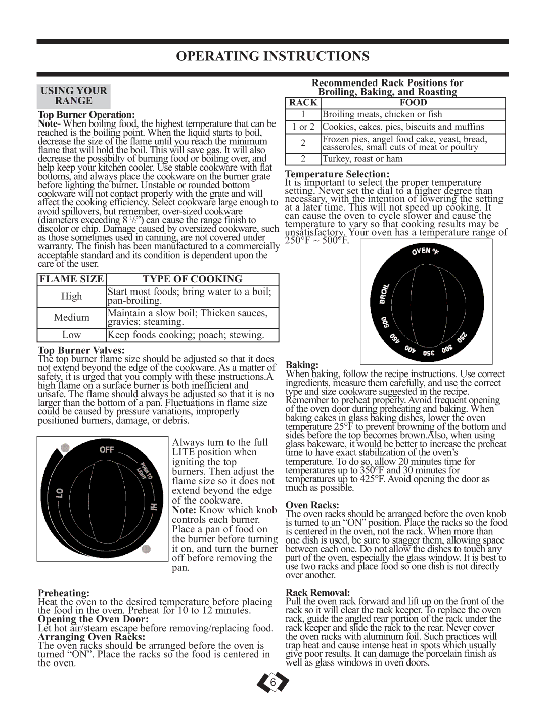 Danby DR299BLSGLP installation instructions Operating Instructions, Using Your Range, Flame Size Type of Cooking 