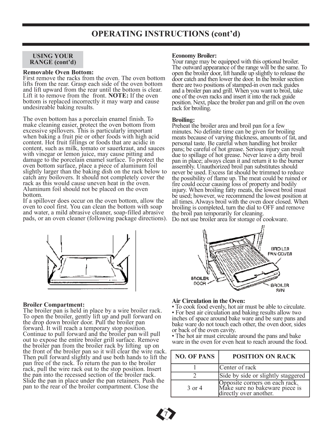 Danby DR299BLSGLP installation instructions Operating Instructions cont’d, Using Your, NO. of Pans Position on Rack 