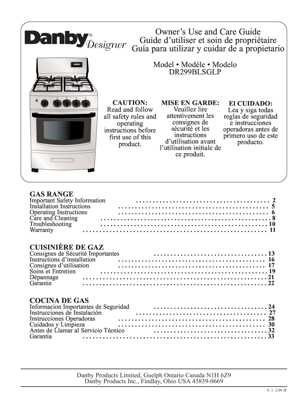 Danby DR299BLSGLP installation instructions Gas Range, Cuisinière De Gaz, Cocina De Gas, Mise En Garde, El CUIDADO 