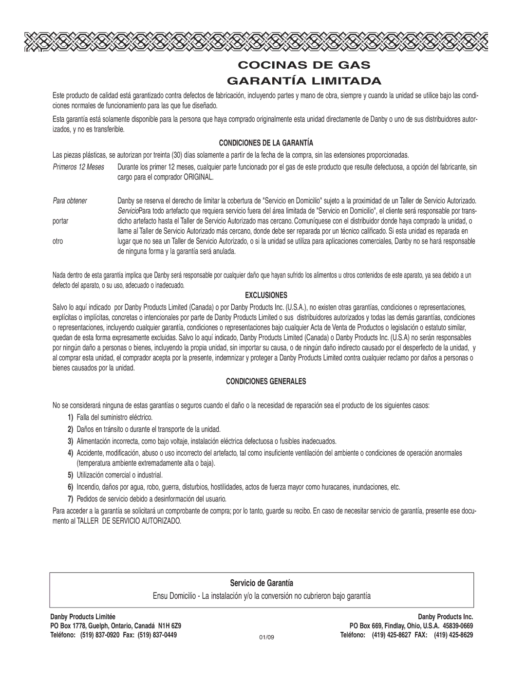 Danby DR3009WGLP installation instructions Cocinas DE GAS Garantía Limitada 