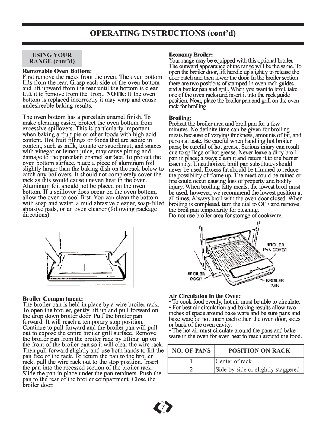 Danby DR3009WGLP OPERATING INSTRUCTIONS cont’d, USING YOUR RANGE cont’d Removable Oven Bottom, Broiler Compartment 