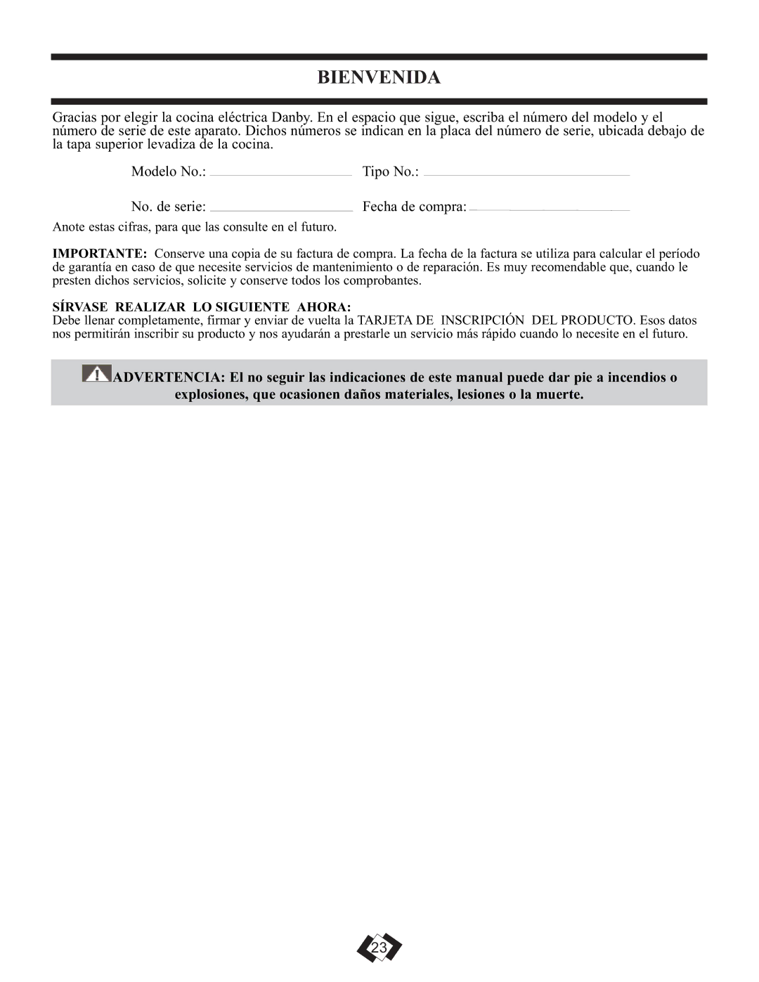 Danby DR3099WGLP, DR3099BLGLP installation instructions Bienvenida, Sírvase Realizar LO Siguiente Ahora 