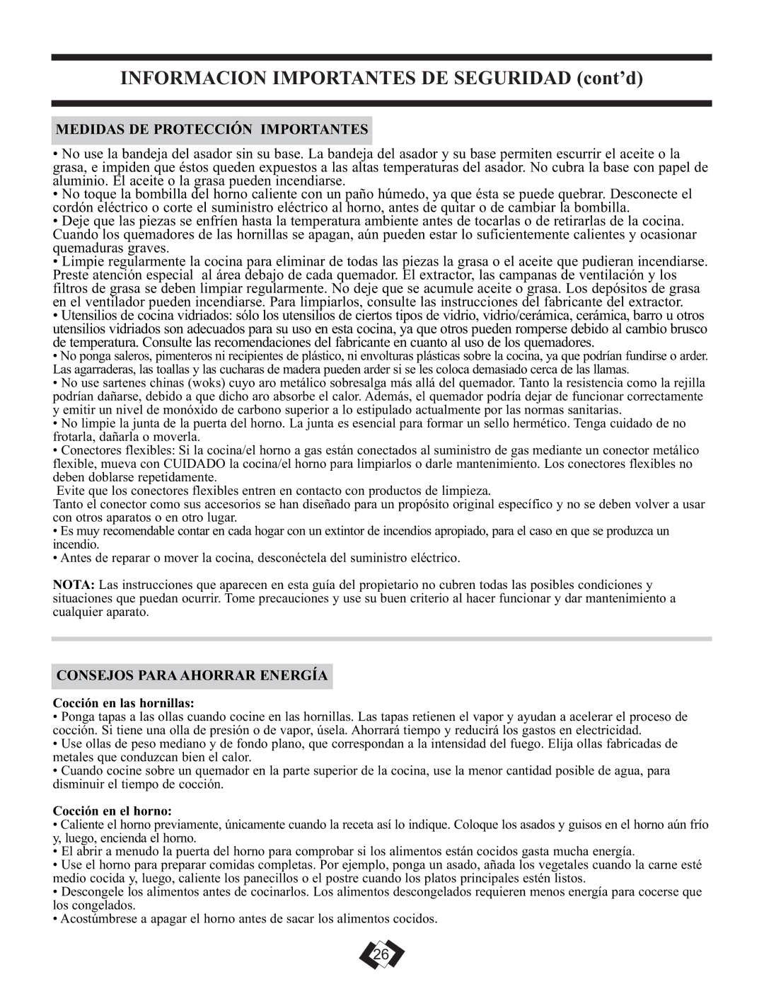 Danby DR3099BLGLP, DR3099WGLP Consejos Paraahorrar Energía, Cocción en las hornillas, Cocción en el horno 