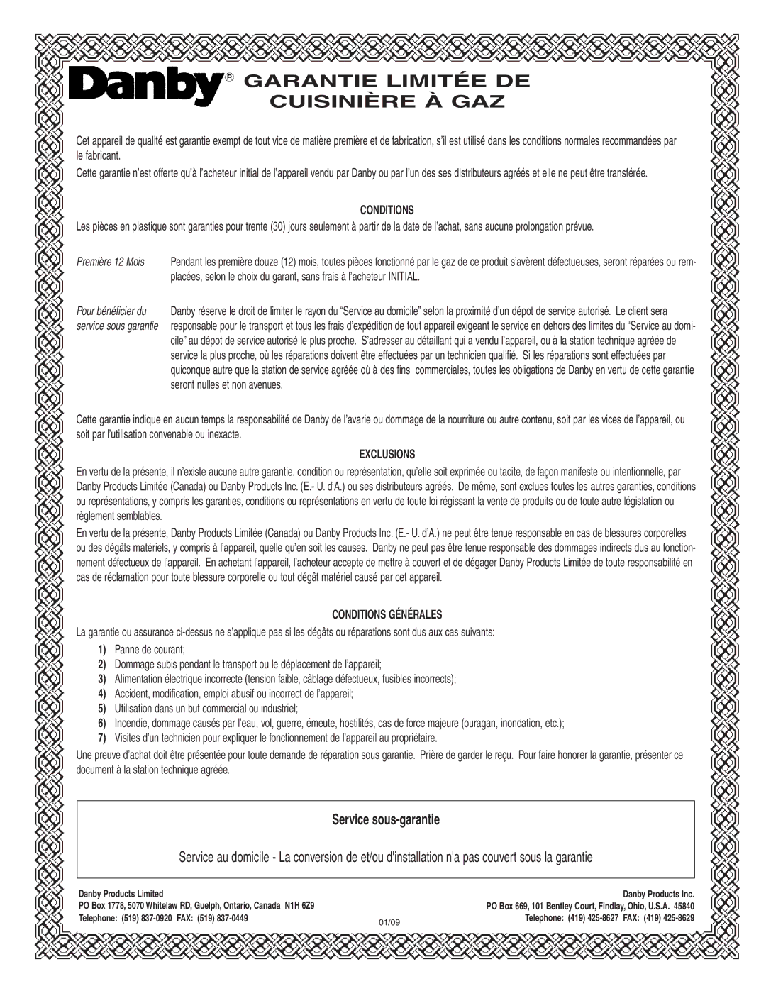 Danby DR3099BLGLP, DR3099WGLP installation instructions Garantie Limitée DE Cuisinière À GAZ 