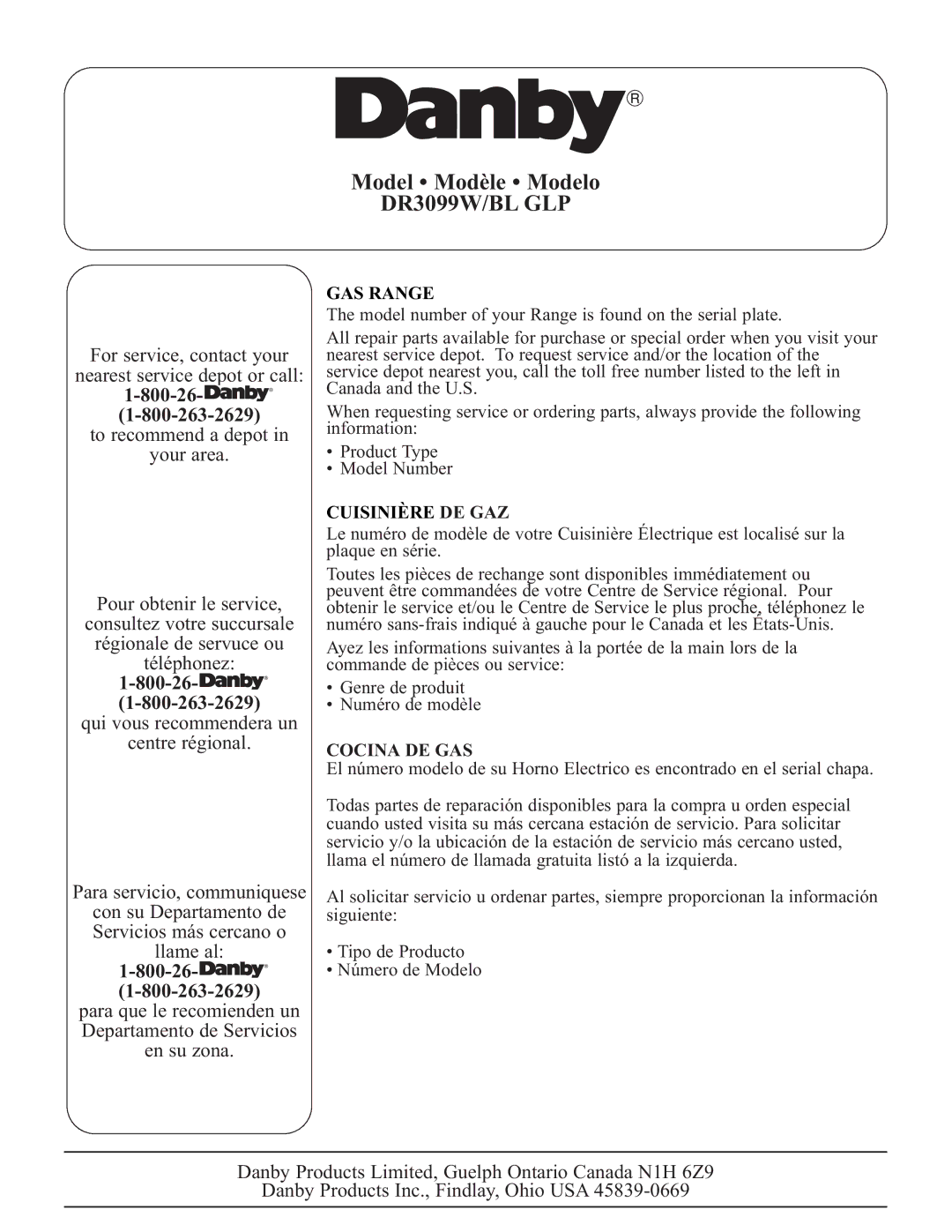 Danby DR3099WGLP, DR3099BLGLP installation instructions GAS Range, Cuisinière DE GAZ, Cocina DE GAS 