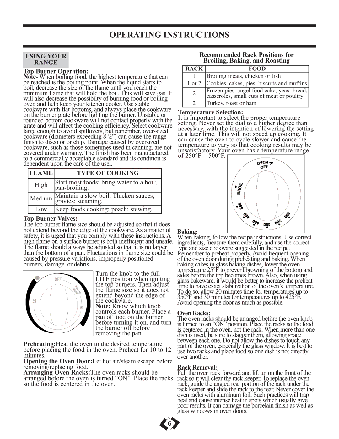 Danby DR3099WGLP, DR3099BLGLP installation instructions Operating Instructions, Using Your Range, Flame Type of Cooking 