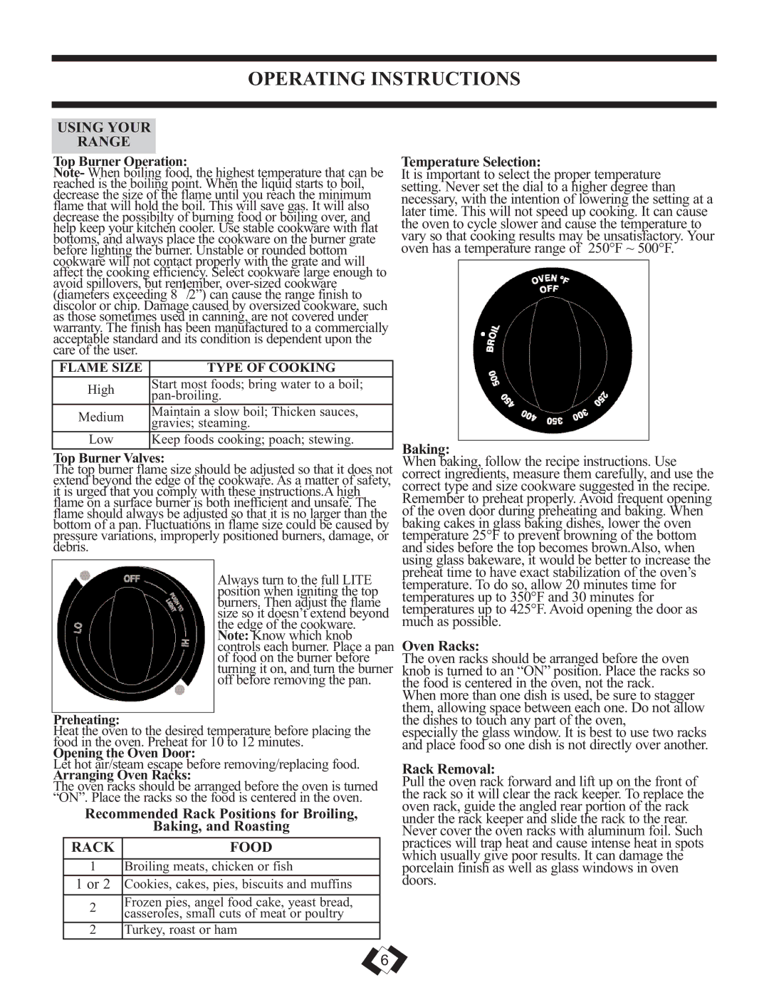 Danby DR399BLSGLP installation instructions Operating Instructions, Using Your Range, Rack Food 