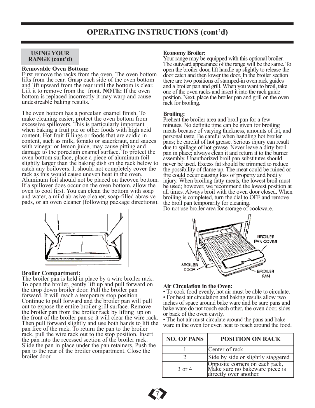 Danby DR399BLSGLP installation instructions Operating Instructions cont’d, Using Your, NO. of Pans Position on Rack 