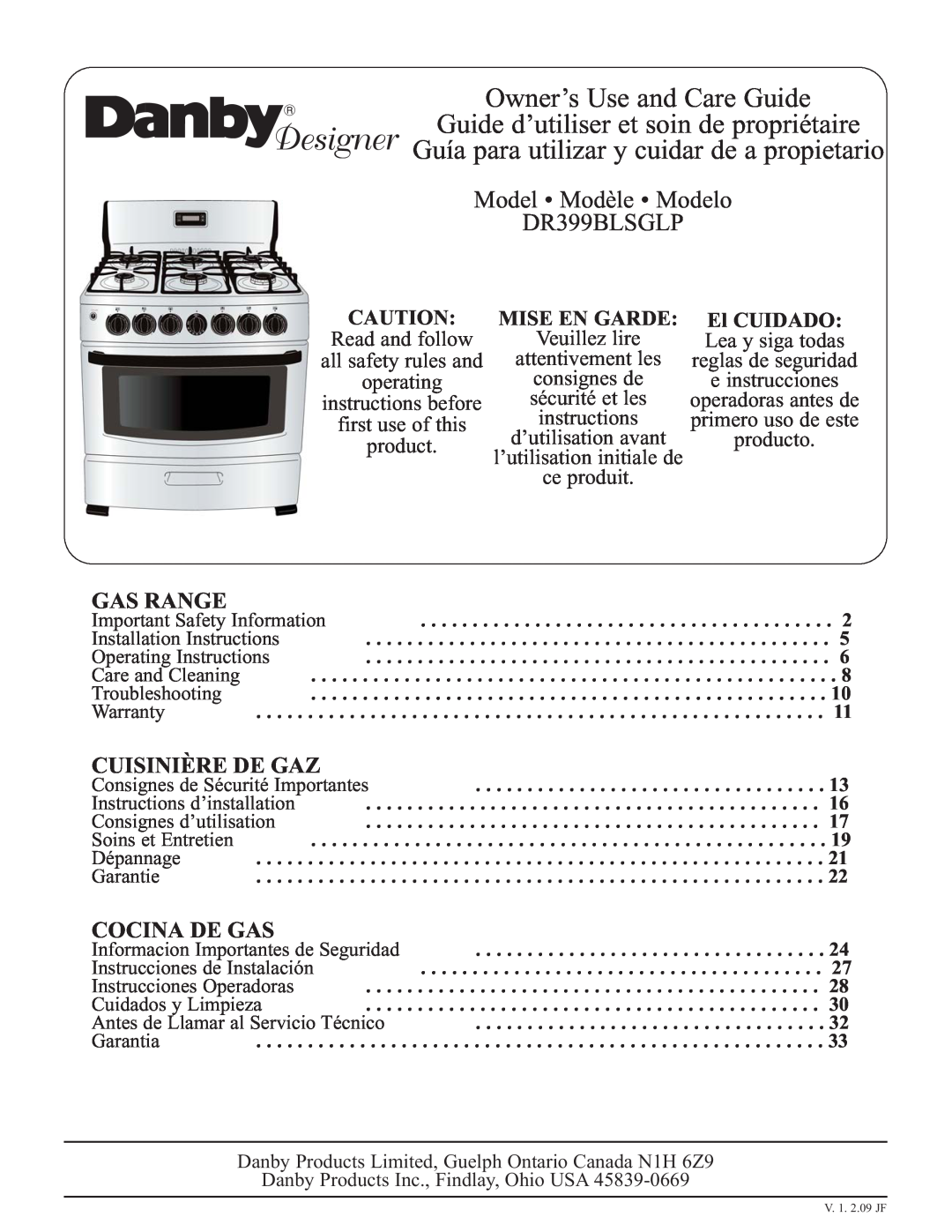 Danby DR399BLSGLP installation instructions Gas Range, Cuisinière De Gaz, Cocina De Gas, Mise En Garde, El CUIDADO 
