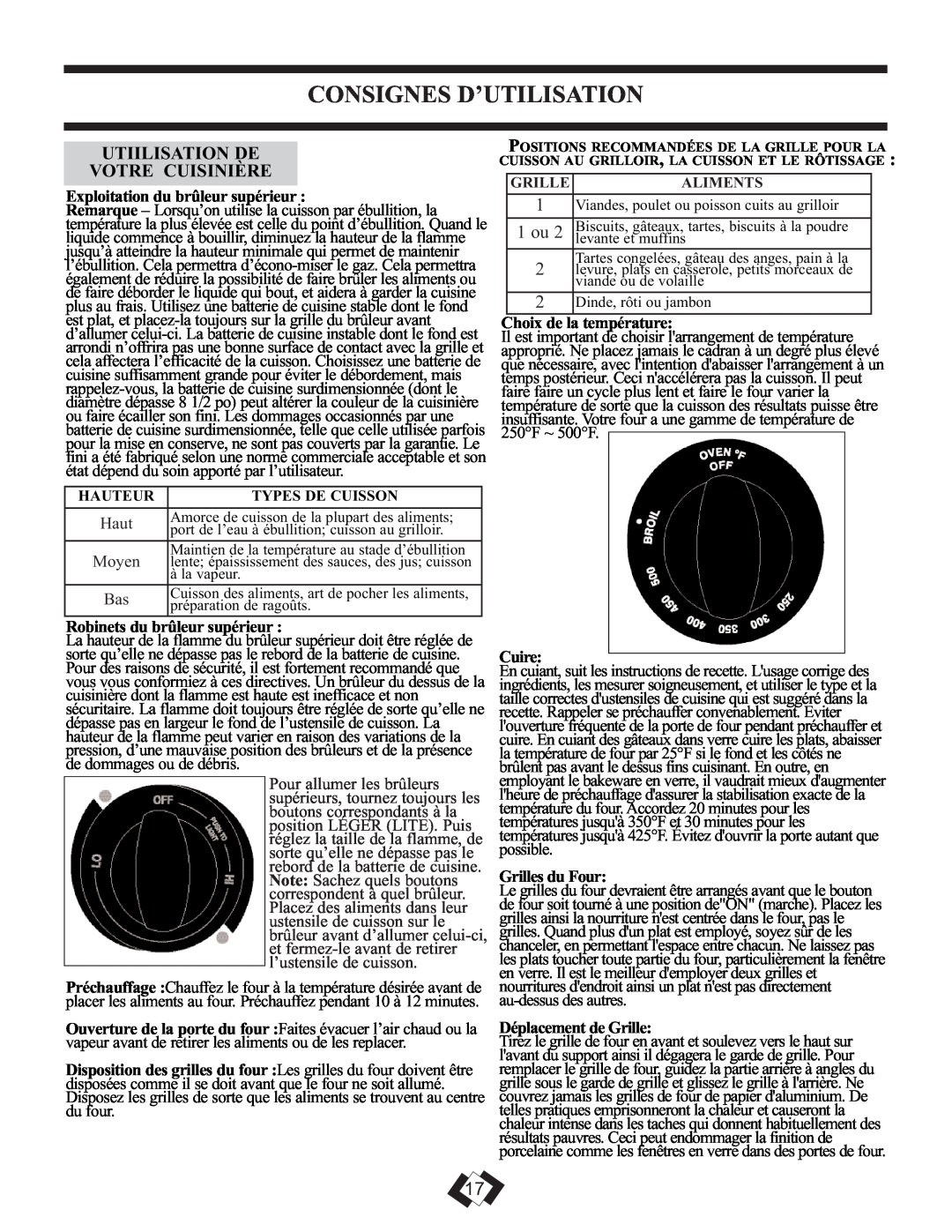 Danby DR399BLSGLP Consignes D’Utilisation, Exploitation du brûleur supérieur, Robinets du brûleur supérieur, Cuire 