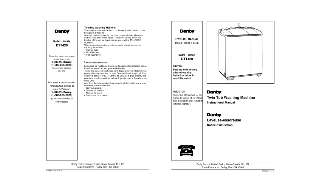 Danby DTT420 owner manual Model Modèle, Instructional Manual 