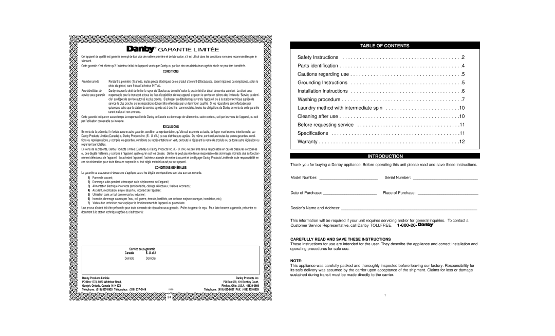 Danby DTT420 owner manual Garantie Limitée, Table of Contents, Introduction 