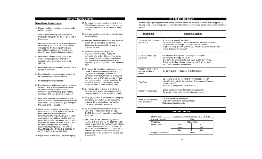 Danby DTT420 owner manual Problème Endroit à vérifier, Safety Instructions EN CAS DE Problème, Spécifications 