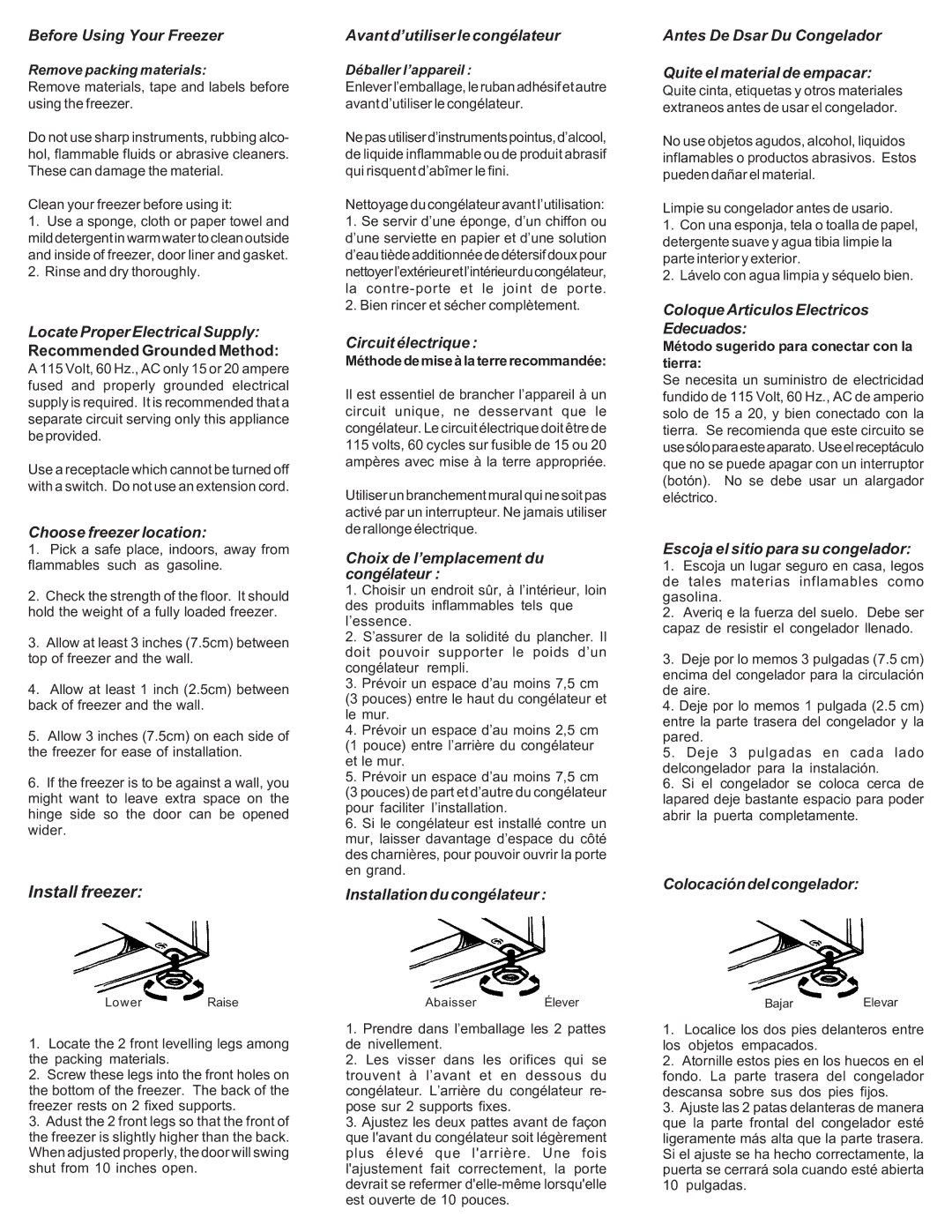 Danby DUF1166W Before Using Your Freezer, Locate Proper Electrical Supply, Choose freezer location, Circuit électrique 