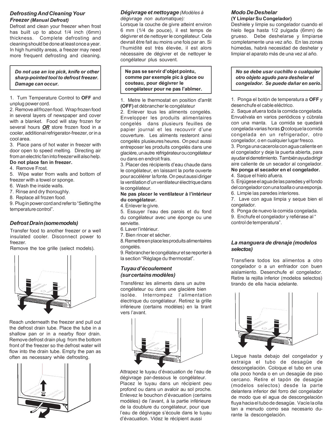 Danby DUF1166W Defrosting And Cleaning Your, Defrost Drain somemodels, Dégivrage et nettoyage Modèles à, Modo De Deshelar 