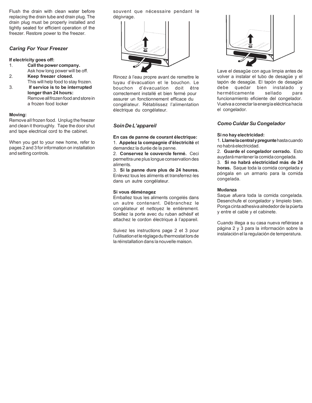 Danby DUF1166W owner manual Caring For Your Freezer, Soin De L’appareil, Como Cuidar Su Congelador 