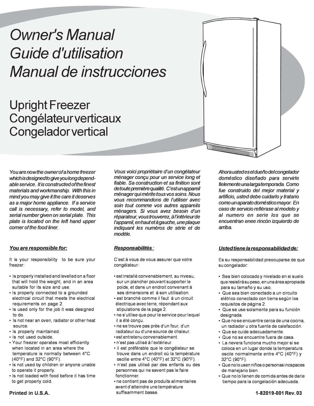 Danby DUF1166W owner manual Upright Freezer Congélateurverticaux, Congeladorvertical, You are responsible for 