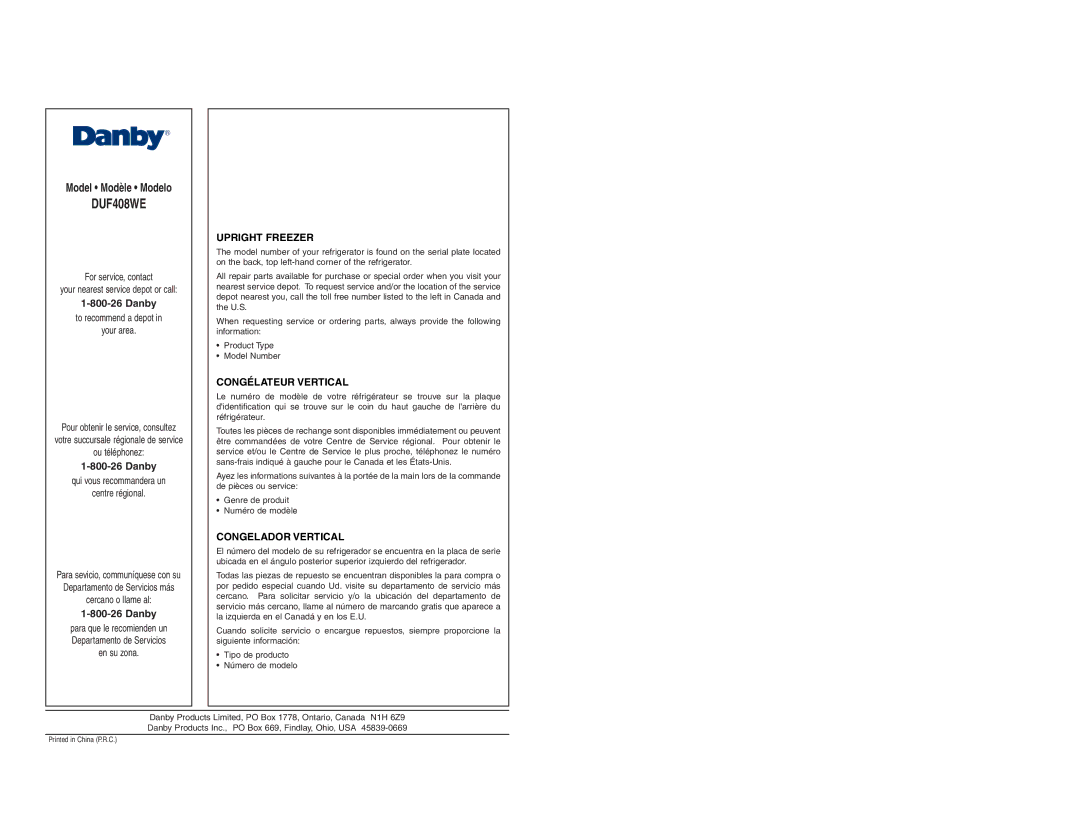 Danby DUF408WE owner manual Upright Freezer 