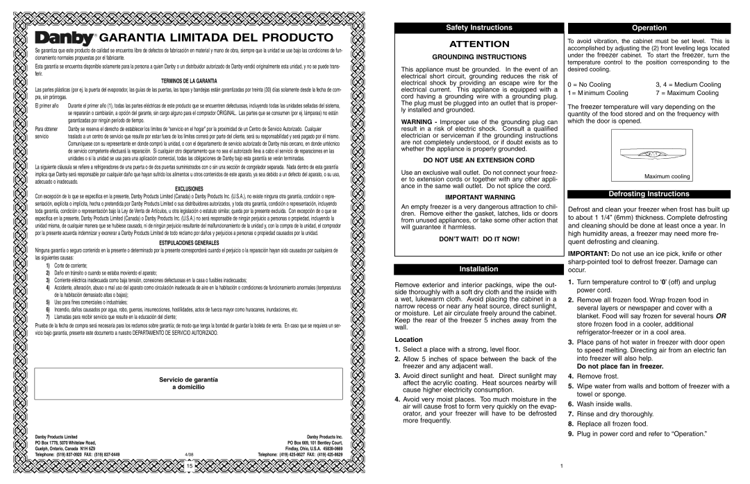 Danby DUF408WE Garantia Limitada DEL Producto, Safety Instructions, Installation, Operation, Defrosting Instructions 