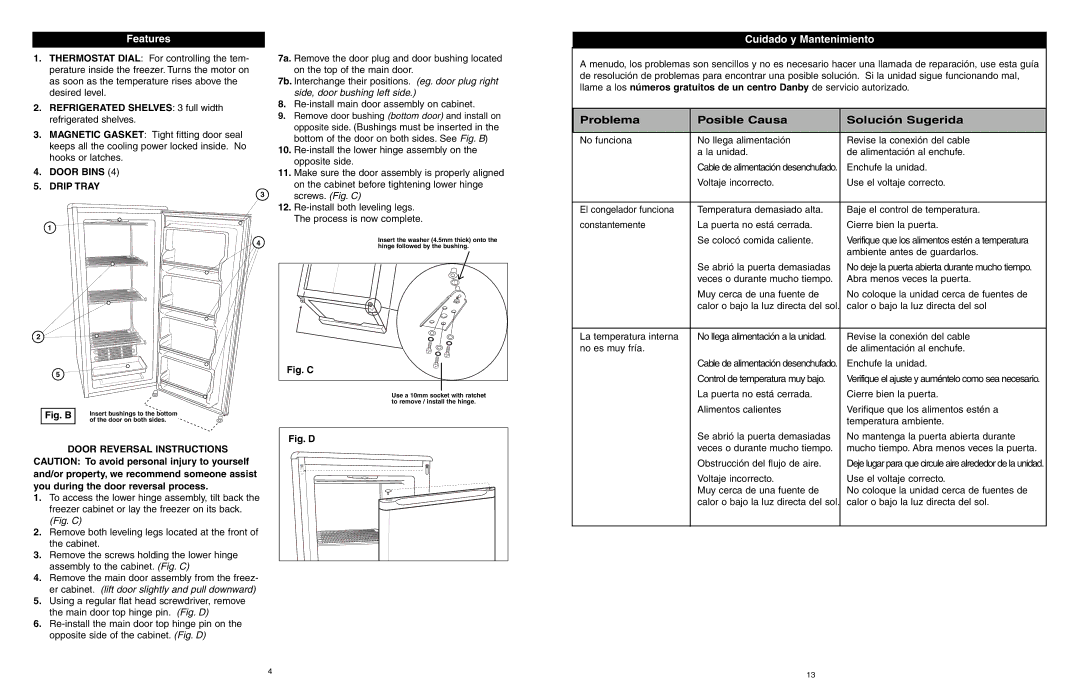 Danby DUF408WE owner manual Problema Posible Causa Solución Sugerida, Features Cuidado y Mantenimiento, Door Bins 