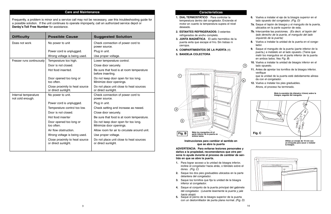 Danby DUF408WE owner manual Difficulty Possible Cause Suggested Solution, Características 