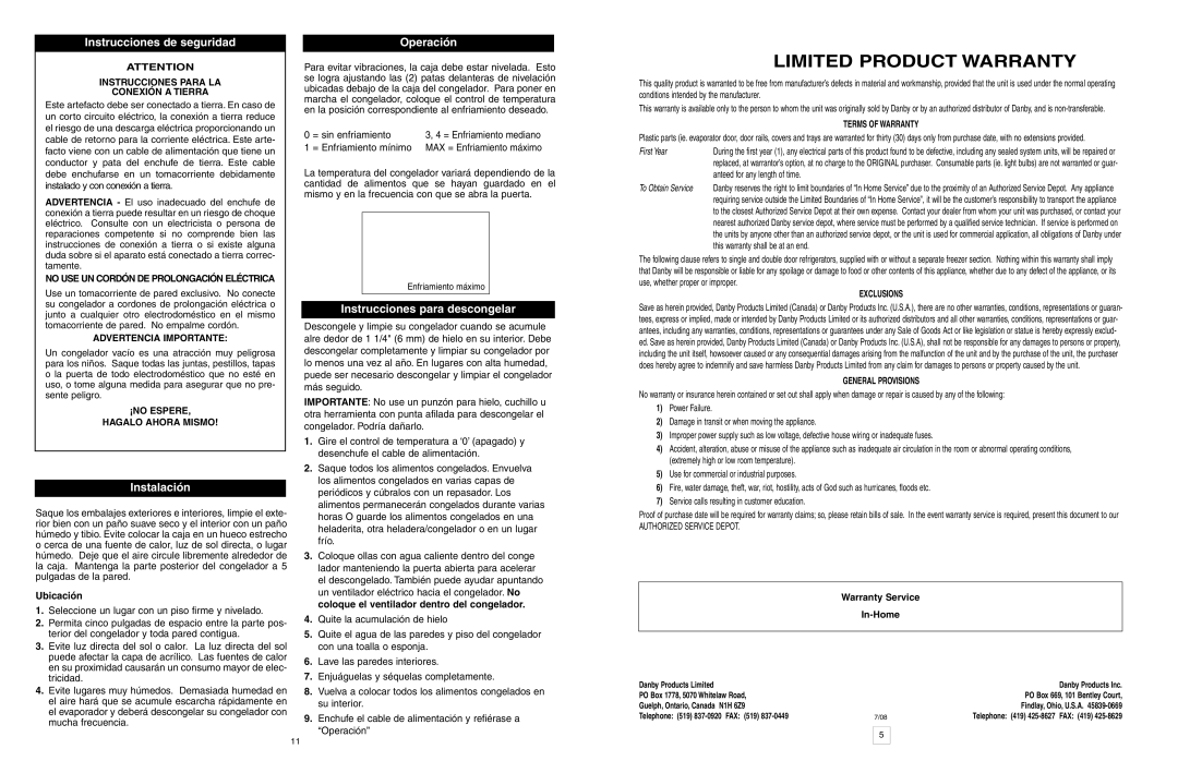 Danby DUF408WE Limited Product Warranty, Instrucciones de seguridad Operación, Instalación, Instrucciones para descongelar 