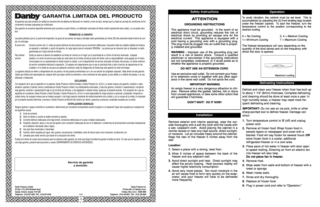Danby DUF408WE Garantia Limitada Del Producto, Safety Instructions, Installation, Operation, Defrosting Instructions 