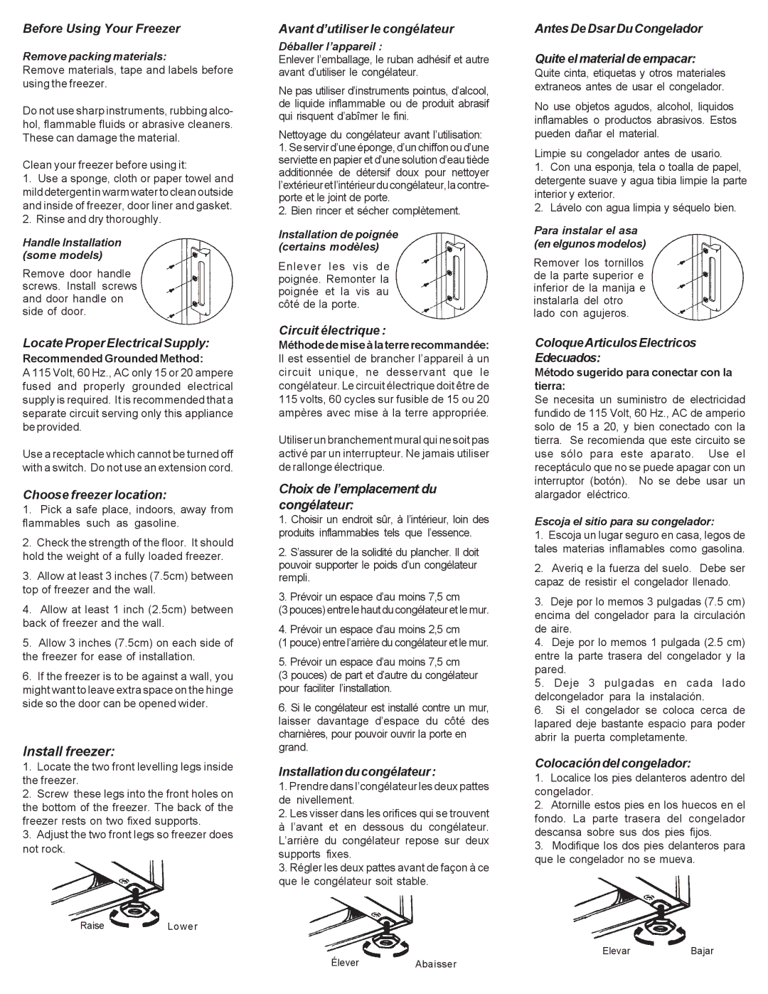 Danby DUF419W Before Using Your Freezer, Locate Proper Electrical Supply, Choose freezer location, Circuit électrique 