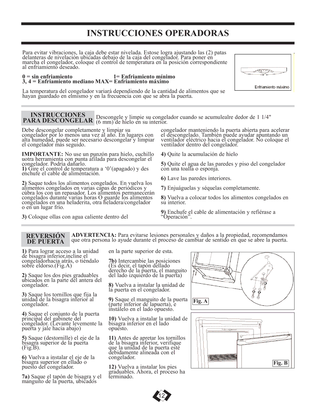 Danby DUF808BSLE installation instructions Instrucciones Operadoras, Para Descongelar, Reversión, DE Puerta 