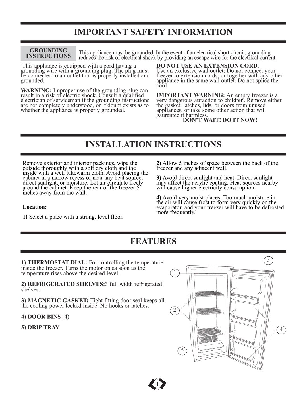 Danby DUF808BSLE installation instructions Important Safety Information, Installation Instructions, Features 