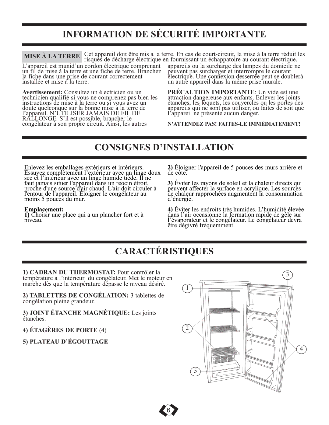 Danby DUF808BSLE Information DE Sécurité Importante, Consignes D’INSTALLATION, Caractéristiques, Mise À LA Terre 