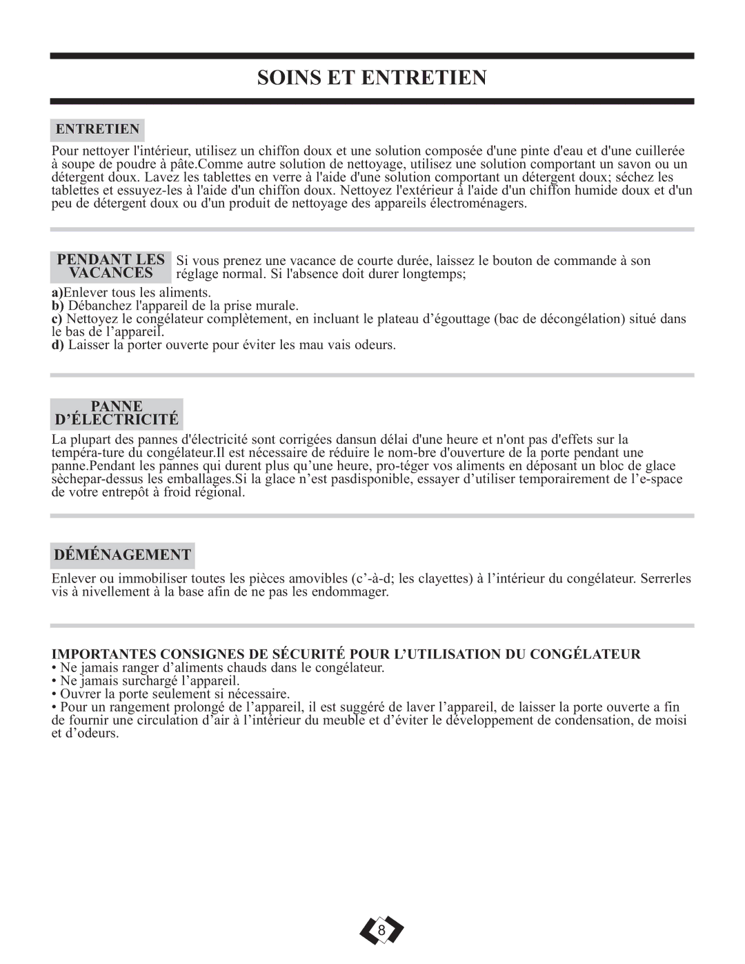 Danby DUF808BSLE installation instructions Soins ET Entretien, Panne ’ÉLECTRICITÉ, Déménagement 